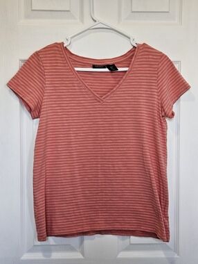 Jones & Co. Striped V-Neck Short Sleeve Tee in Coral
